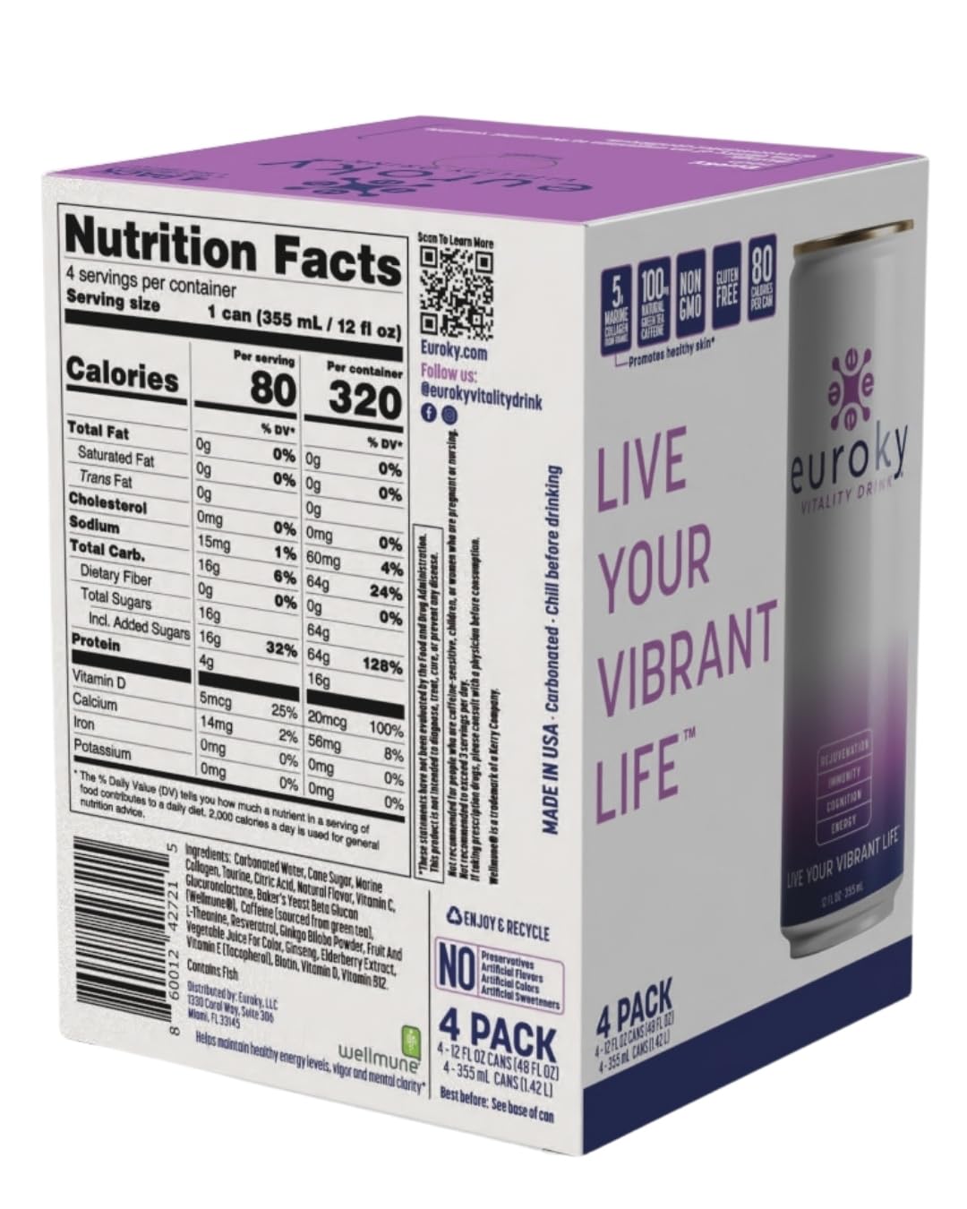 Euroky Vitality Drink, Wellness Beverage – Rejuvenation, Immunity, Cognition and Energy Support, 12 fl oz